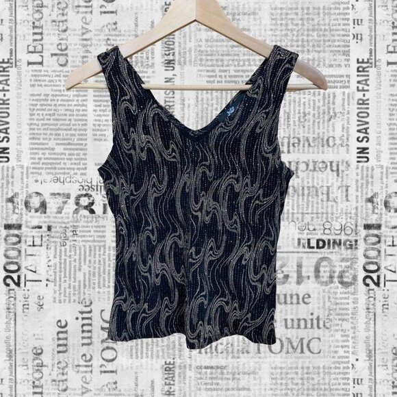 Retro 90s/2000s v-neck tank top with swirly pattern and multicolored glitter - Picture 1 of 4